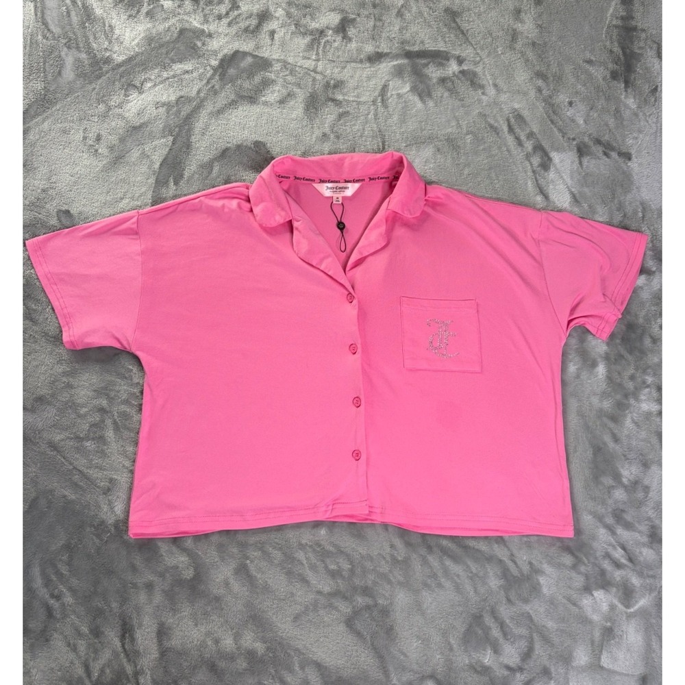 Juicy Couture Pajama Top Womens M Pink Short Sleeve Rhinestone Logo